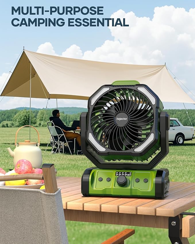 kejector Battery Powered Fan - 24000mAh 3-in-1 Portable Camping Fan Rechargeable with LED Lights, USB C, Auto Oscillating Portable Fan for Tents, Travel, BBQ, Fishing, Home, Office, Camper Essentials