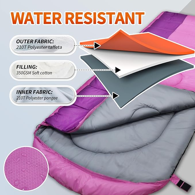XL 10 Degree Sleeping Bags Waterproof for Adults 350GSM Machine Washable with Compression Sack for 3-4 Season Camping Outdoor