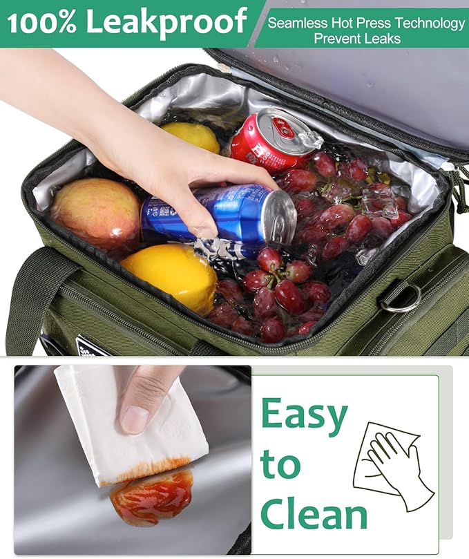 Tactical Lunch Box for Men, Expandable Large Insulated Lunch Bag for Adult, Heavy Duty Double Deck Lunch Cooler Bag with Shoulder Strap Leakproof Waterproof Lunch Tote for Travel Work Office - Green