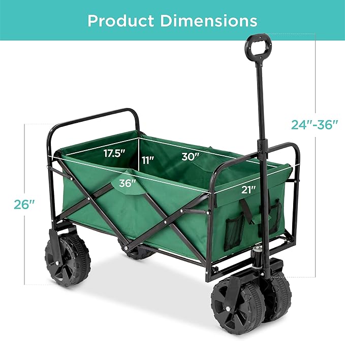 Best Choice Products 36in Collapsible Folding Utility Wagon, Multipurpose Indoor Outdoor Mobile Cart for Garden, Beach, Park, Shopping w/ 360-Degree Wheels, Adjustable Handle, 150lb Capacity - Green