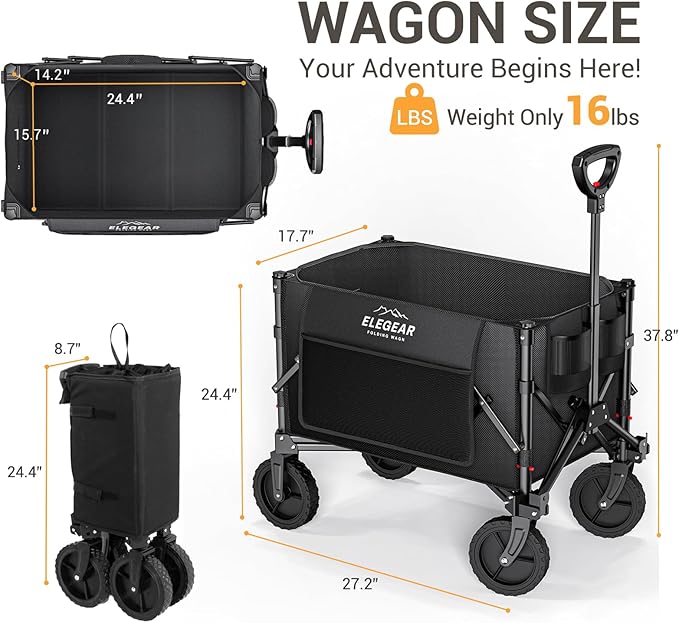 Elegear Wagon Cart Foldable Collapsible Heavy Duty, Folding Wagon with 360° All-Terrain Wheels&Smallest Folding Design, 220LBS Large Capacity Portable Utility Grocery Cart for Sports Camping Shopping