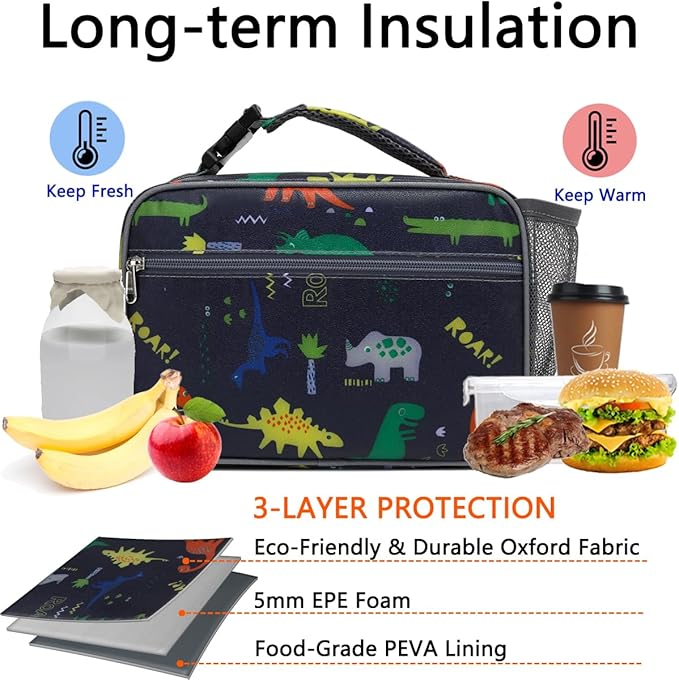 Insulated Lunch Box for School, Thermal Reusable Durable Freezable Lunch Bags for Kids Boys Girls Men Women - Small Soft Cooler Portable Lunch Tote Kit for Work Picnic Travel,Dinosaur