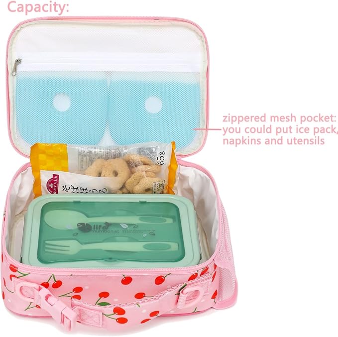 FlowFly Kids Lunch Bag, Durable Insulated School Lunch Box with Shoulder Strap and Bottle Holder, Water-resistant Thermal Small Lunch Cooler Tote for Teen Boys & Girls,Cherry