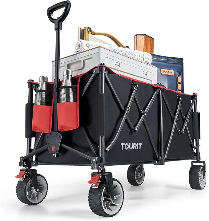 TOURIT 260L Collapsible Foldable Wagon with 330lbs Weight Capacity, Heavy Duty Folding Utility Garden Cart, Beach Wagon with Big All-Terrain Wheels & Drink Holders, Black