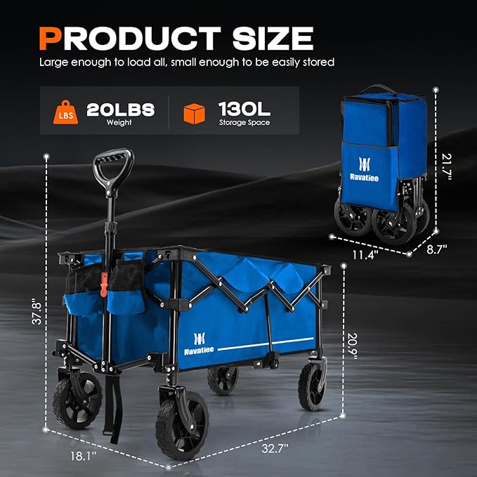 Navatiee 130L Collapsible Folding Wagon, Large Capacity Foldable Wagon with Silent All-Terrain Wheels, Utility Grocery Wagon Cart for Camping Shopping Outdoor, Blue