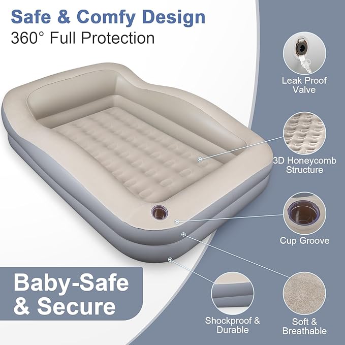 Inflatable Toddler Travel Bed – Portable Toddler Bed with Safety Bumpers, Toddler Floor Bed for Travel, Camping, Sleepovers – Kids Blow Up Bed with Pump & Carry Bag