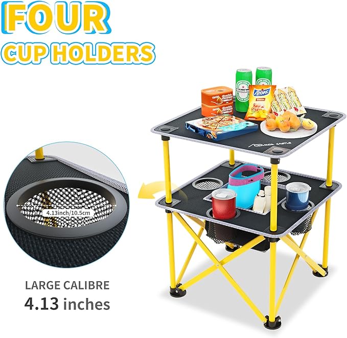 Folding Camping Table with 4 Cup Holders, Lightweight Portable Beach Outdoor Picnic Table, Square Camp Table with Built-in Food Basket Travel Bag for BBQ, Camping, Tailgate