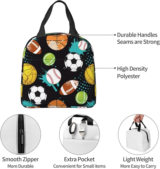 VOOHDDY Sport Ball Cool Insulated Lunch Bag For Men Women Reusable Lunch Box Container Waterproof Portable Cooler Thermal Tote Bag For Work Office Picnic Beach Travel