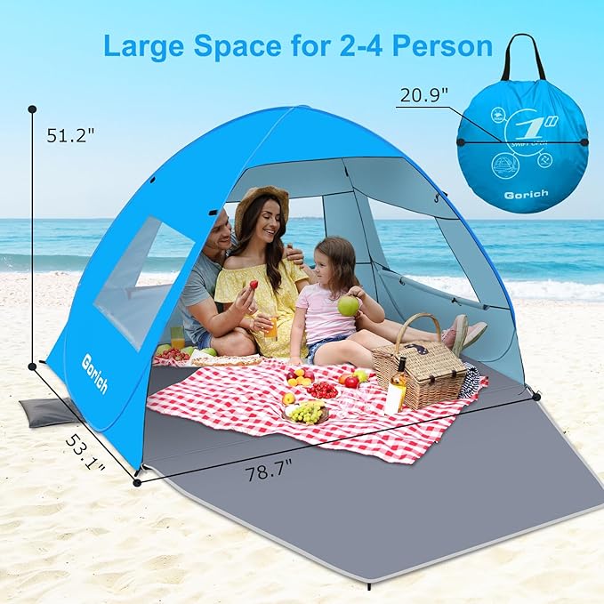 Gorich Easy Pop Up Beach Tent for 3-4 Person, UPF 50+ UV Protection Beach Umbrella Sun Shelter, Portable Lightweight Cool Cabana Shade with Easy Foldable & Instant Setup