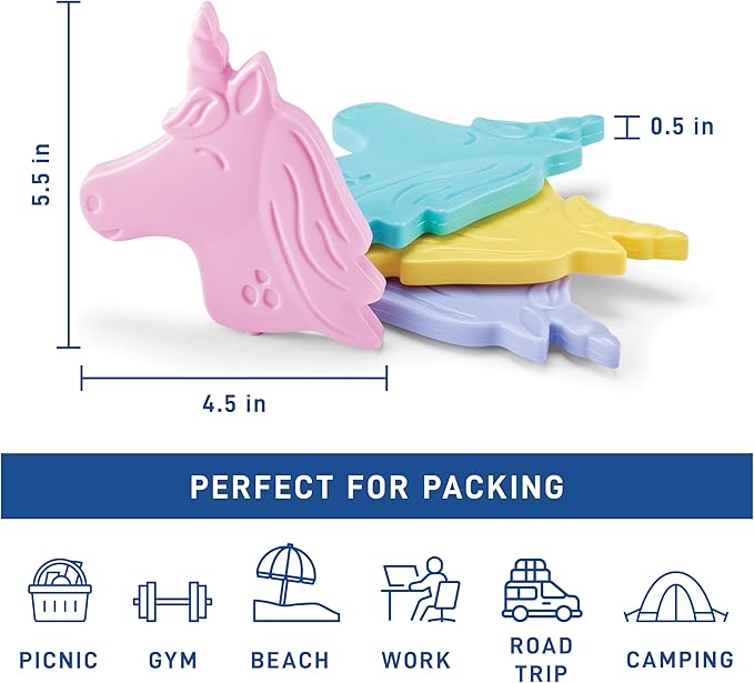 Fit & Fresh Cool Coolers Kids Lunch Box Ice Packs, Slim Ice Packs for Lunch Bags, Reusable, For Daycare and Travel, Multicolored Penguin and Unicorn Set, 8PK