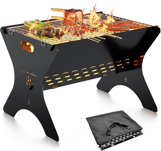 Camping Campfire Grill, Portable Folding Charcoal Grills, Backpacking BBQ Grill with Carry Bag, Outdoor Fire pit for Camping, Picnic, Bonfire, Patio, Backyard-16 Inch