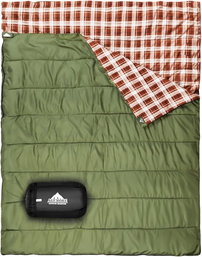 AGEMORE Cotton Flannel Double Sleeping Bag for Camping, Backpacking Or Hiking. Queen Size 2 Person Waterproof Sleeping Bag for Adults Or Teens. Lightweight with Compression Sack