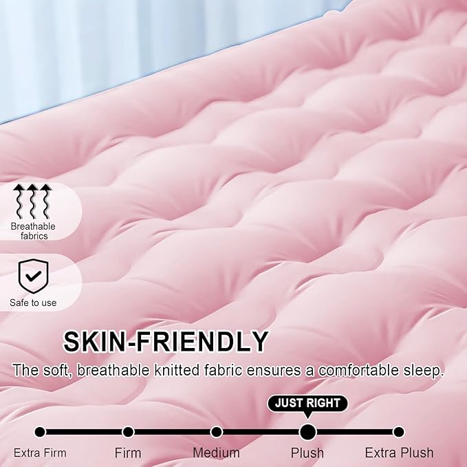 Queen Air Mattress with Built-in Rechargeable Battery Pump, Cooling Pongee Fabric Material, Waterproof & Leakproof Air Mattress Queen, Camping Airbed, (18", Pink)