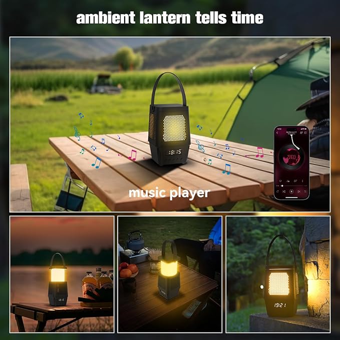 AVANLO 3 in 1 Small Camping Lantern Lamp Bluetooth Speaker for Hiking Portable,Rechargable Outdoor Table Lamp Dimmable Night Light Clock Battery Operated(Included) Cordless Emergency Light 7200mAh