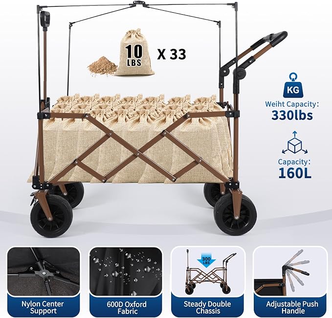 Folding Wagon with Canopy, 160L Capacity, 8" All-Terrain Wheels, 330lbs Load, Utility Cart for Camping, Beach, Shopping, Outdoor Use