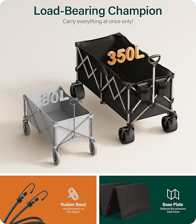 440Lbs Collapsible Wagon Cart,Beach Wagon with Big Wheels,Utility Wagons with Weight Capacity,Heavy Duty with Excellent Steering, Ideal for Camping,Gargen,Transport,Outdoor Sports