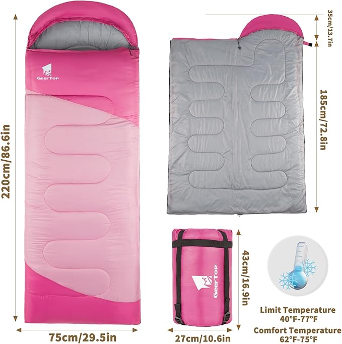 GEERTOP Backpacking Sleeping Bag for Camping, Lightweight Sleeping Bags for Adults Kids Summer Warm Cold Weather Hiking Travel