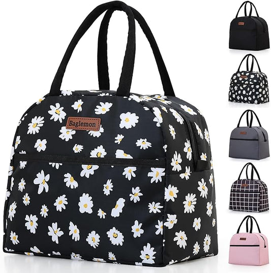 Insulated Lunch Bag for Women Men, Lunch Containers Reusable High Capacity Lunch Tote Bags for for Work Picnic(Black Daisy)