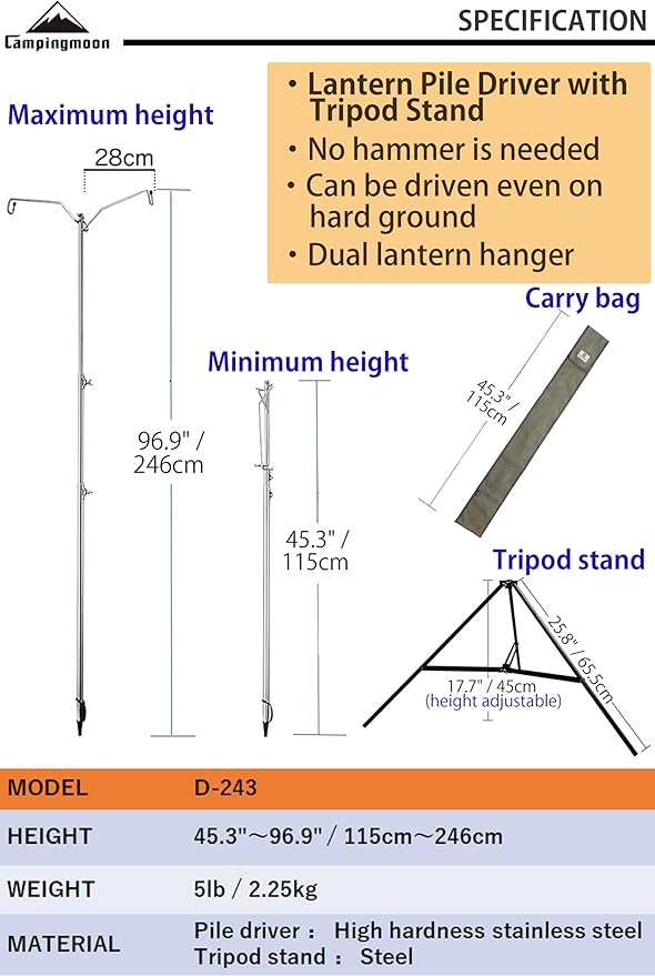 camping moon CAMPINGMOON Heavy Duty Stainless Steel Lantern Pile Driver Height Adjustable with Tripod Stand and Storage Bag D-240, D-243