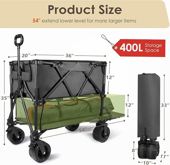 HOPERAN 400L XL Wagons Carts Foldable, 54" Extra Length Double Decker Collapsible Wagon Cart with Tailgate, 8" Big All-Terrain Wheels, 550lbs Load Utility Grocery Cart for Camping,Sports,Beach