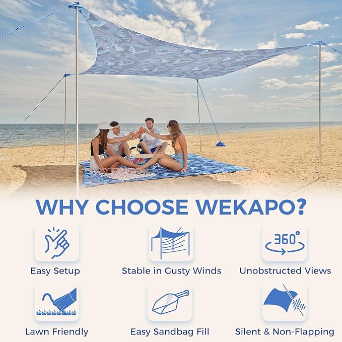 WEKAPO Beach Tent Sun Shelter - Easy Setup Beach Canopy with 4 Sturdy Poles, Large Sandbags and Shovel, 6'7'' Tall, Windproof Sun Shade for Backyard and Camping, UPF 50+ Protectio