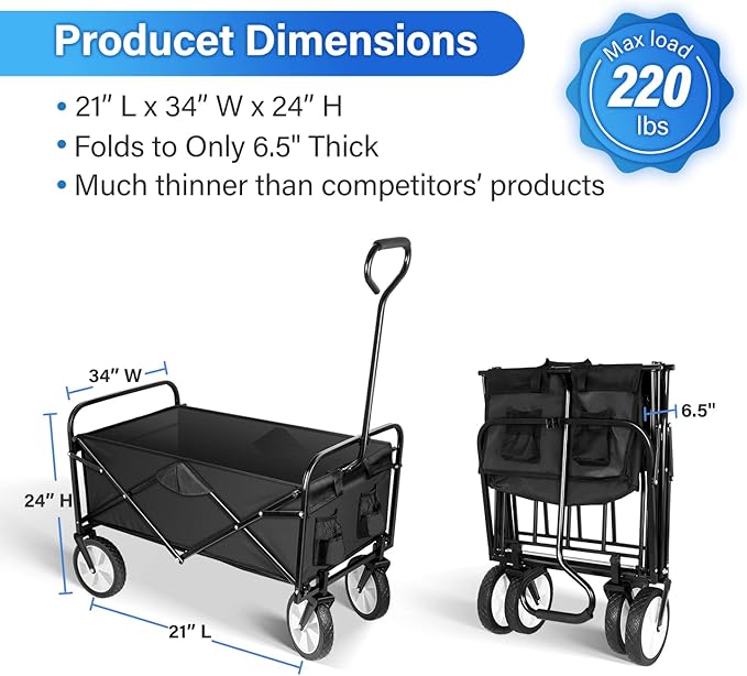 YSSOA Rolling Folding & Rolling Collapsible Garden Cart, Outdoor Camping Wagon Utility with 360 Degree Swivel Wheels & Adjustable Handle, Black 220lbs Weight Capacity