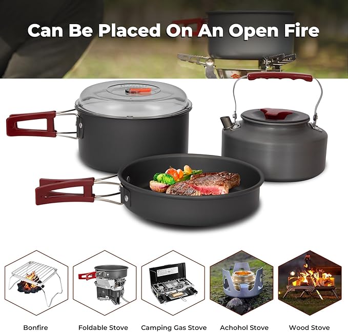 Bulin 24/13/11/8/4 PCS Camping Cookware Mess Kit Lightweight Backpacking Cooking Set Outdoor Cook Gear for Family Hiking, Picnic(Kettle, Pot, Frying Pan, Bowls, Plates, Spoon)