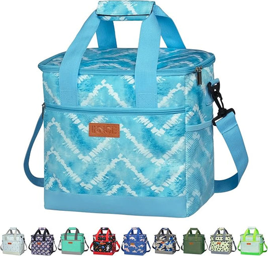 Iknoe Large Cooler Bag Collapsible, Insulated Bags Leakproof Lunch Cooler Tote with Multi-Pockets for Adult, Insulated Lunch Box for Beach, Picnic, Work, Blue White 24-Can (15L)