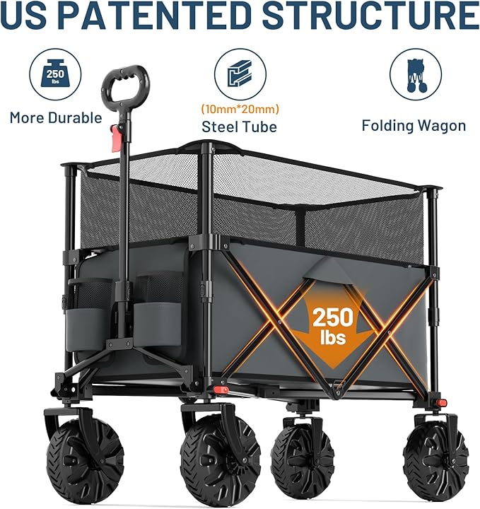 TIMBER RIDGE Foldable Wagon 350L Extendable Height, 300LBS Capasity Collapsible Wagon Cart with All Terrians Detachable Wheels, Compact Folding Utility for Camping, Fishing, Shopping (Gray)