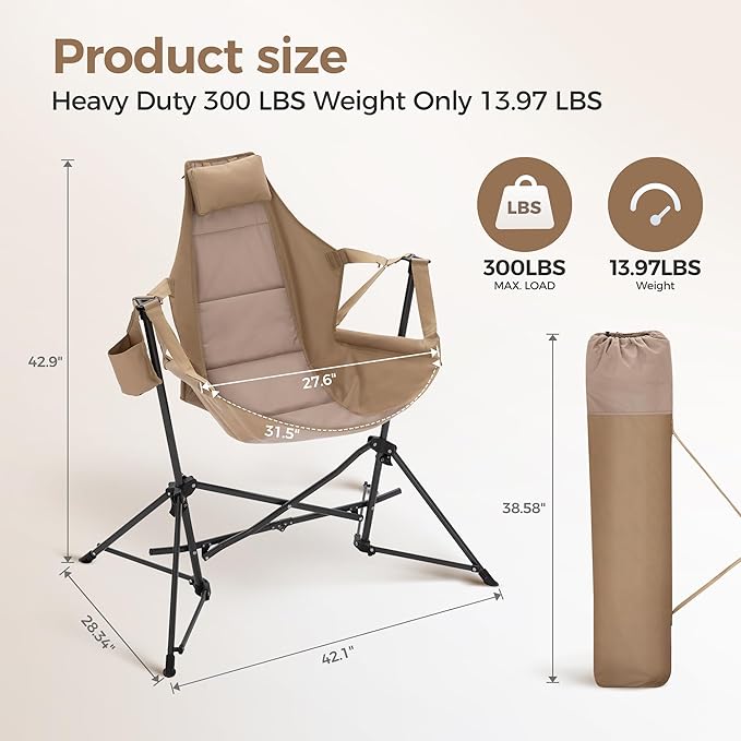ALPHA CAMP Hammock Folding Rocking Chair with Cup Drink Holder, High Back Padded Swinging Chair for Outdoor,Camping, Lawn,Backyard,Picnic, Steel, Heavy Duty Portable Oversized(Khaki)