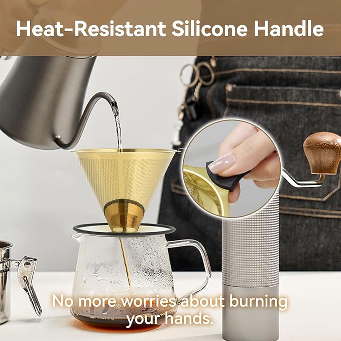 Pour Over Coffee Dripper Filter: Reusable Stainless Steel Coffee Filters - Metal Cone Filter Paperless Single Cup Coffee Maker 1-4 Cup with Double Mesh & Non-slip Cup Stand Gold