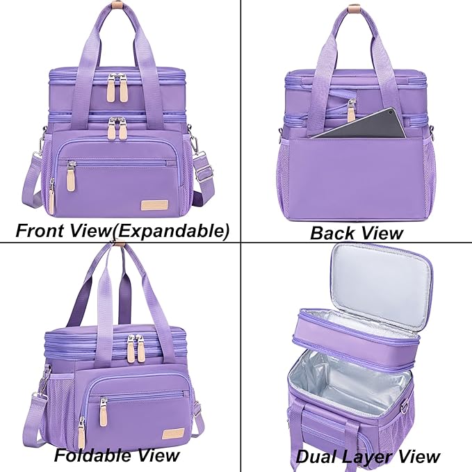 Weitars Insulated Lunch Box for Women Men-Dual Compartment Waterproof Reusable Large Lunch Bag Wide-Open Tote Cooler Bag for Working Picnic Hiking (15L) (Purple)