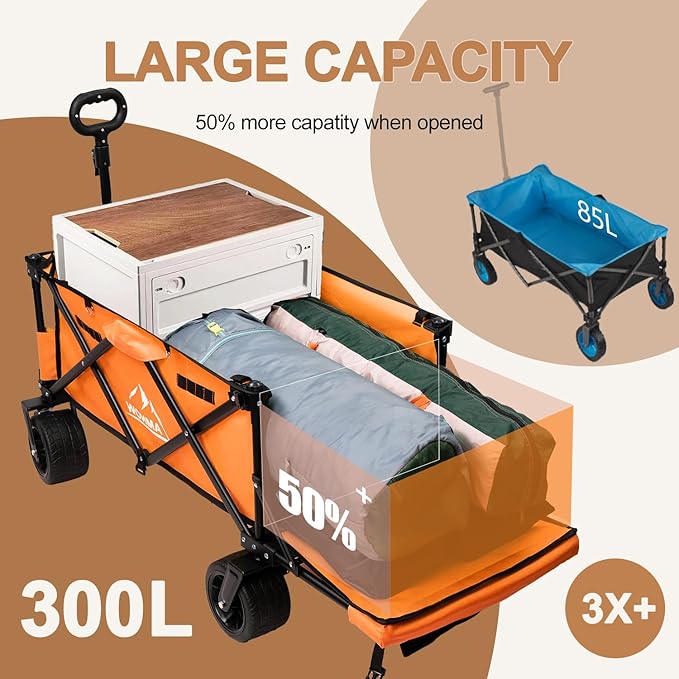 Collapsible Beach Wagon Cart with Big Wheels, 440LBS Upgrade Large Capacity Folding Wagon, Foldable Grocery Wagon with Side Pocket and Brakes, Ideal for Sand Camping Outdoor Garden Sports, Orange