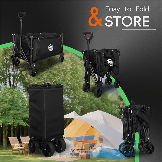 Collapsible Wagon, Portable Folding Wagons Carts with Wheels Foldable, 330lbs Heavy Duty Beach Wagon Outdoor Utility Cart with Dual Side Zipper, Cup Holders for Grocery Camping Garden Sports