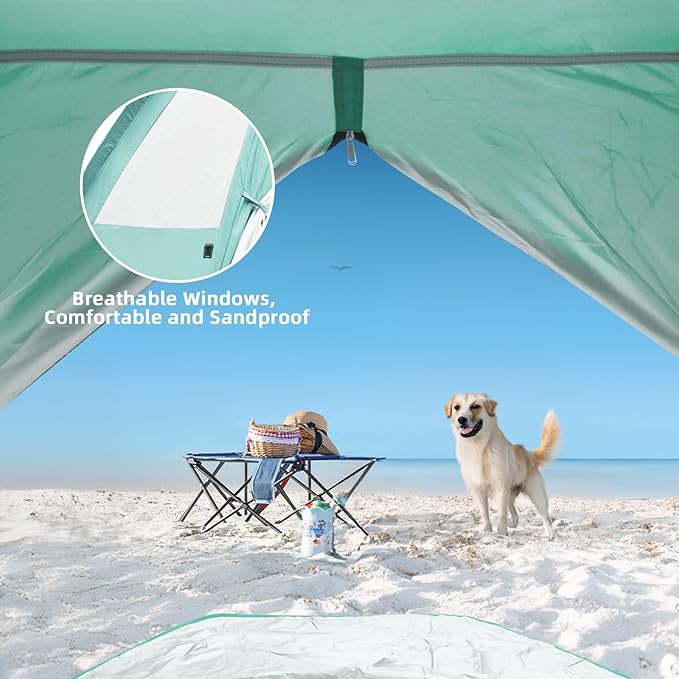 Beach Tent for 3-4 Person, Large Easy Setup Beach Shade Canopy with UPF 50＋ UV Protection, Portable Shade Tent with 3 Ventilating Mesh Windows for Outdoor, Picnics, Fishing
