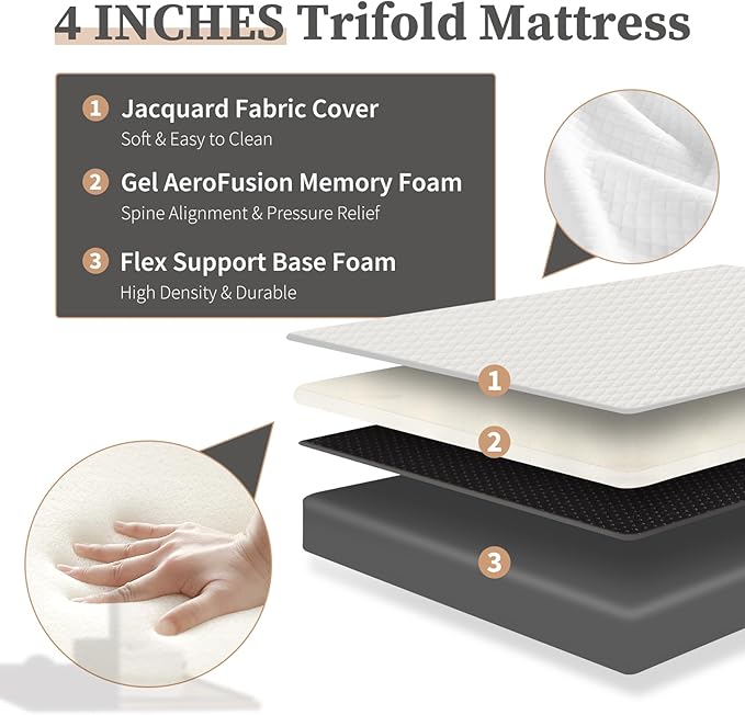DUMOS Folding Mattress, 4 inch Tri-Fold Memory Foam Mattress, Foldable Mattress Topper with Washable Cover, Foldable Guest Bed, Travel Mat, 80"×60"×4", White