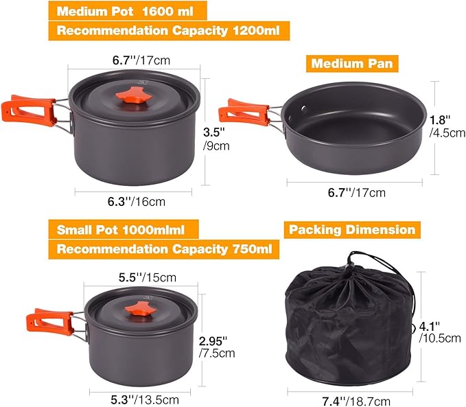 REDCAMP 12/14/15/19 PCS Camping Cookware Mess Kit Camping Gear Campfire Utensils Lightweight Stackable Pot Pan Bowls Soup Spoon with Storage Bag for Camping, Backpacking, Outdoor Cooking, Picnic