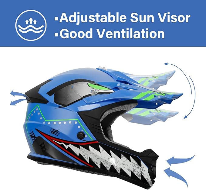 TCT-MOTORPARTS DOT Youth Kids Motocross ATV Helmets Offroad Street Dirt Bike Go-Kart BMX MX Full Face Helmet Blue w/Shark Mouth X-Large Size