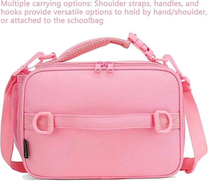 FlowFly Kids Lunch Bag, Durable Insulated School Lunch Box with Shoulder Strap and Bottle Holder, Water-resistant Thermal Small Lunch Cooler Tote for Teen Boys & Girls,Pink