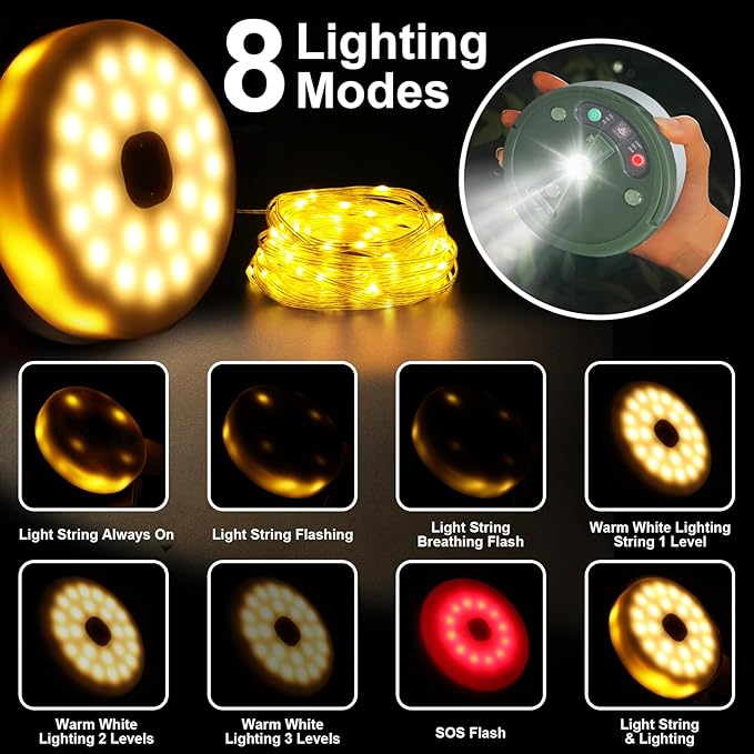 HELESIN Outdoor Waterproof Portable Stowable String Light, 3 in 1 Camping String Lights Outdoor with 8 Lighting Modes, USB Rechargeable Tent Lights for Camping, Hiking, Yard, RV (Warm Light)