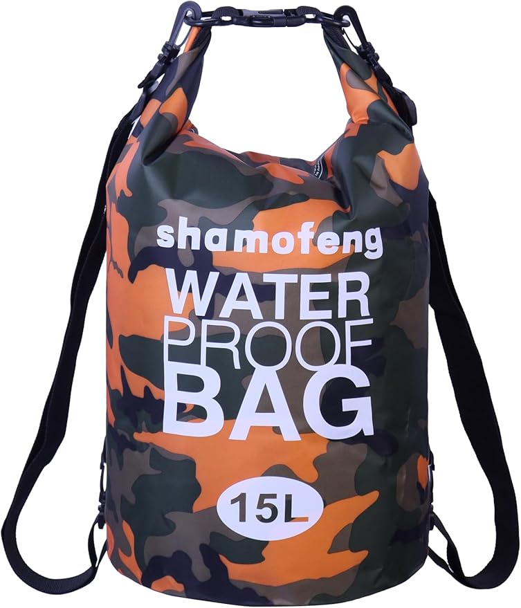 Waterproof Dry Bag Combo 5-30L Roll Top Dry Storage Bag Backpack for Kayaking Boating Beach Camping Travel Fishing, w/Phone Case & Collapsible Water Bottle & Sunglasses & Ear Band,Orange 15L