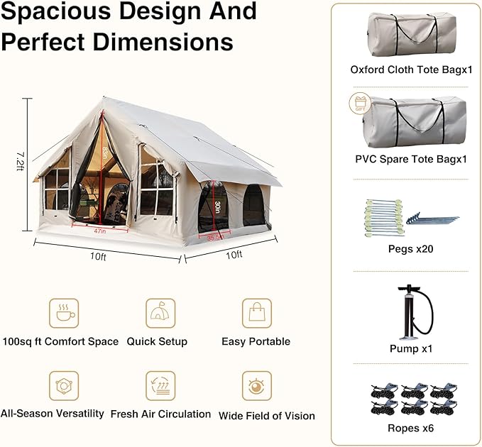 2025 Upgraded 100% Waterproof Inflatable Camping Tent, Large Blow-Up Air Tent, No Assembly Needed Luxury Glamping House, Oxford Fabric