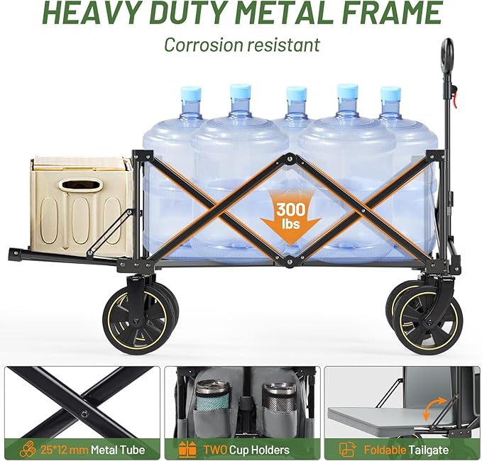 TIMBER RIDGE 49" Extra Long Collapsible Folding Wagon with Tailgate and Brakes, 300lbs Heavy Duty Foldable Wagon with Adjustable Handle, 250L Capacity Portable Cart for Outdoor Camping Sports, Grey
