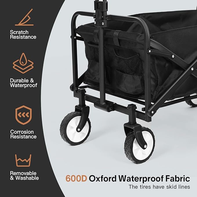 LUBBYGIM Collapsible Folding Wagon with Large Capacity, Utility Wagon Cart Heavy Duty Foldable, Portable Garden Cart for Beach Camping Shopping Sports (Black, 1 Year Warranty)