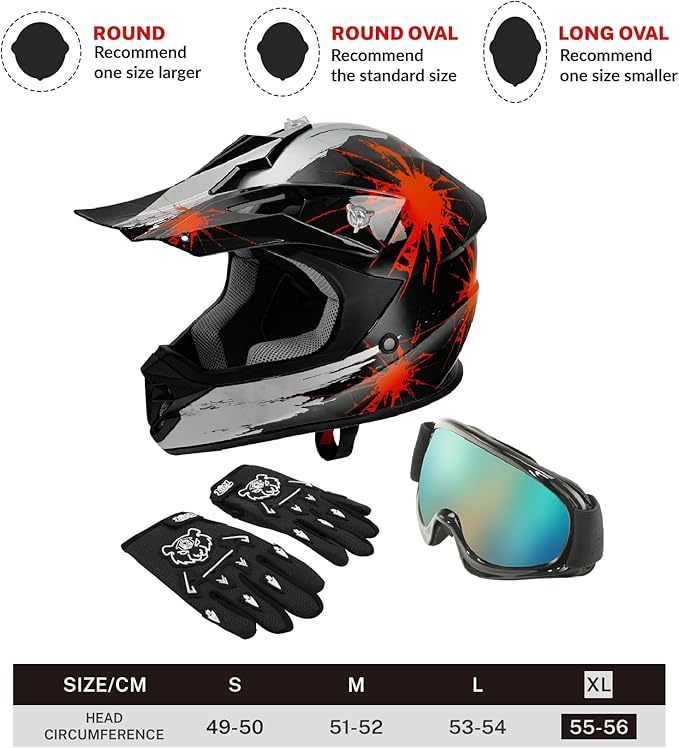 TCT-MOTORPARTS DOT Youth Kids Motocross ATV Helmets Offroad Street Dirt Bike Go-Kart BMX MX Full Face Helmet Black w/Red Fireworks X-Large Size