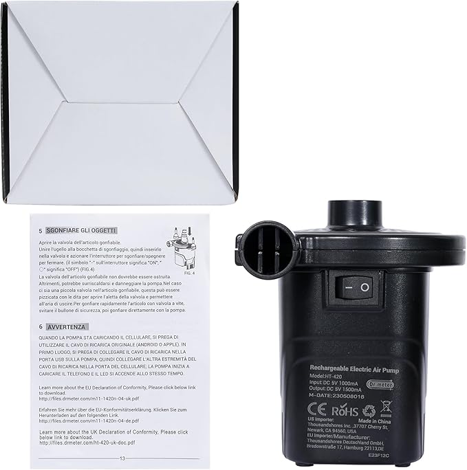 Dr.meter Air Pump for Inflatables, Rechargeable 4000mAh Battery Air Mattress Pump - Portable Quick-Fill Inflator Deflator for Outdoor Camping Inflatable Pool Float Boat Raft Yoga Ball Swim Ring Airbed