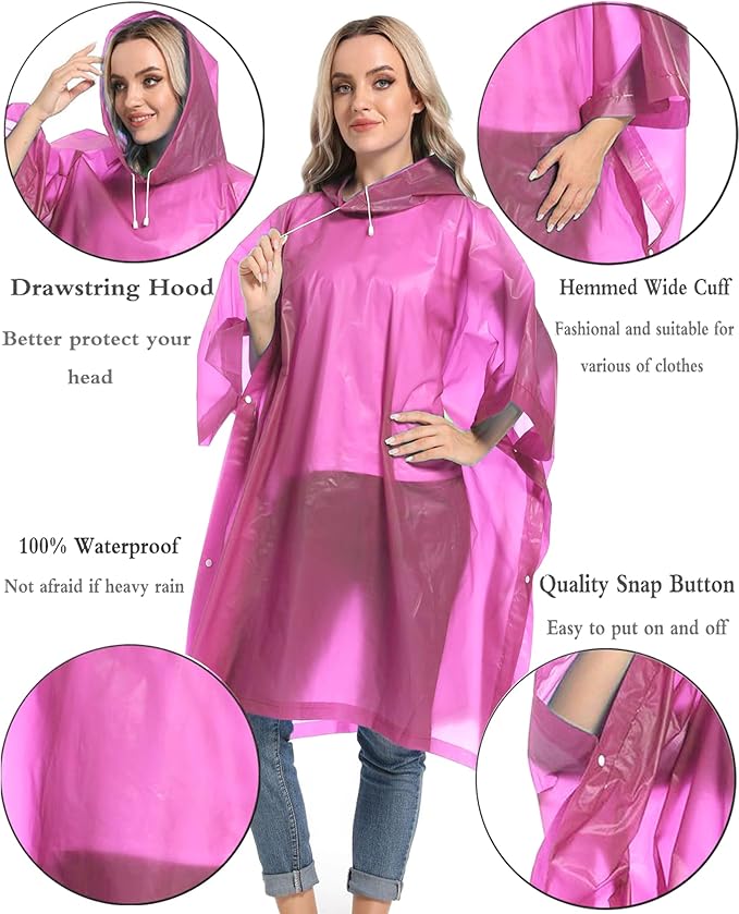 Reusable Rain Ponchos with Drawstring Hood for Adults, Waterproof Thicken Rain Coat, 2 Packs