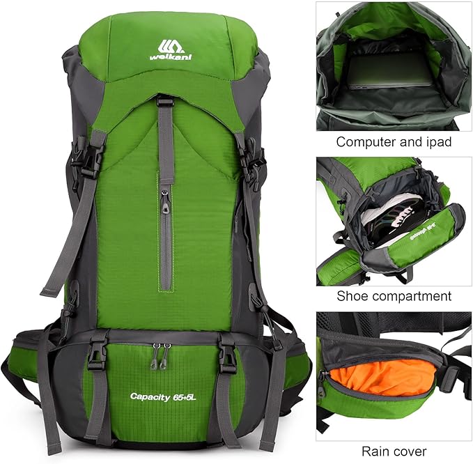 ShowyLive 70L Large Lightweight Waterproof Packable Foldable Travel Camping Hiking Outdoor Sports Backpack Daypack for Men Women, 900D Hiking Bag with Rain Cover, Grass Green
