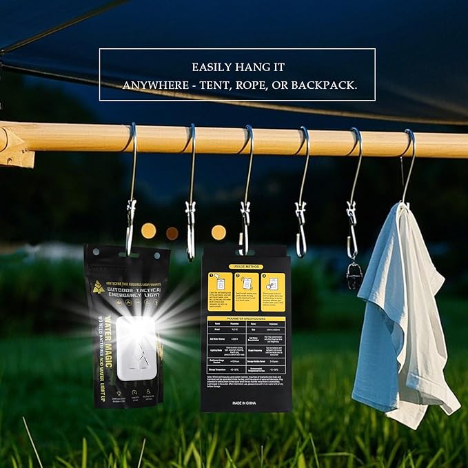 Emergency Tactical Light – No Battery, Water Activated, 120H Runtime, Reusable Salt-Powered LED Lantern for Camping, Survival, Disaster, Can Use Urine or Seawater