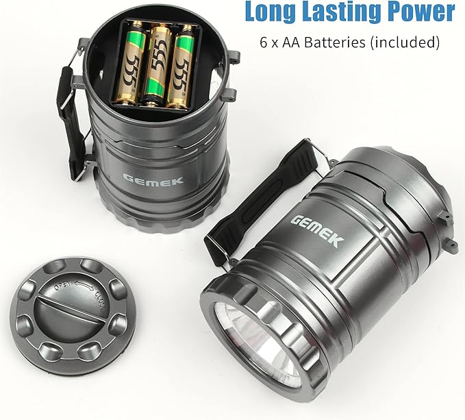 GEMEK 2 x LED Camping Lantern Battery Powered Flashlights Portable 2-in-1 Collapsible COB Lantern Lights for Camping, Car, Shop, Attic, Garage, 6 AA Batteries Included (Gray)